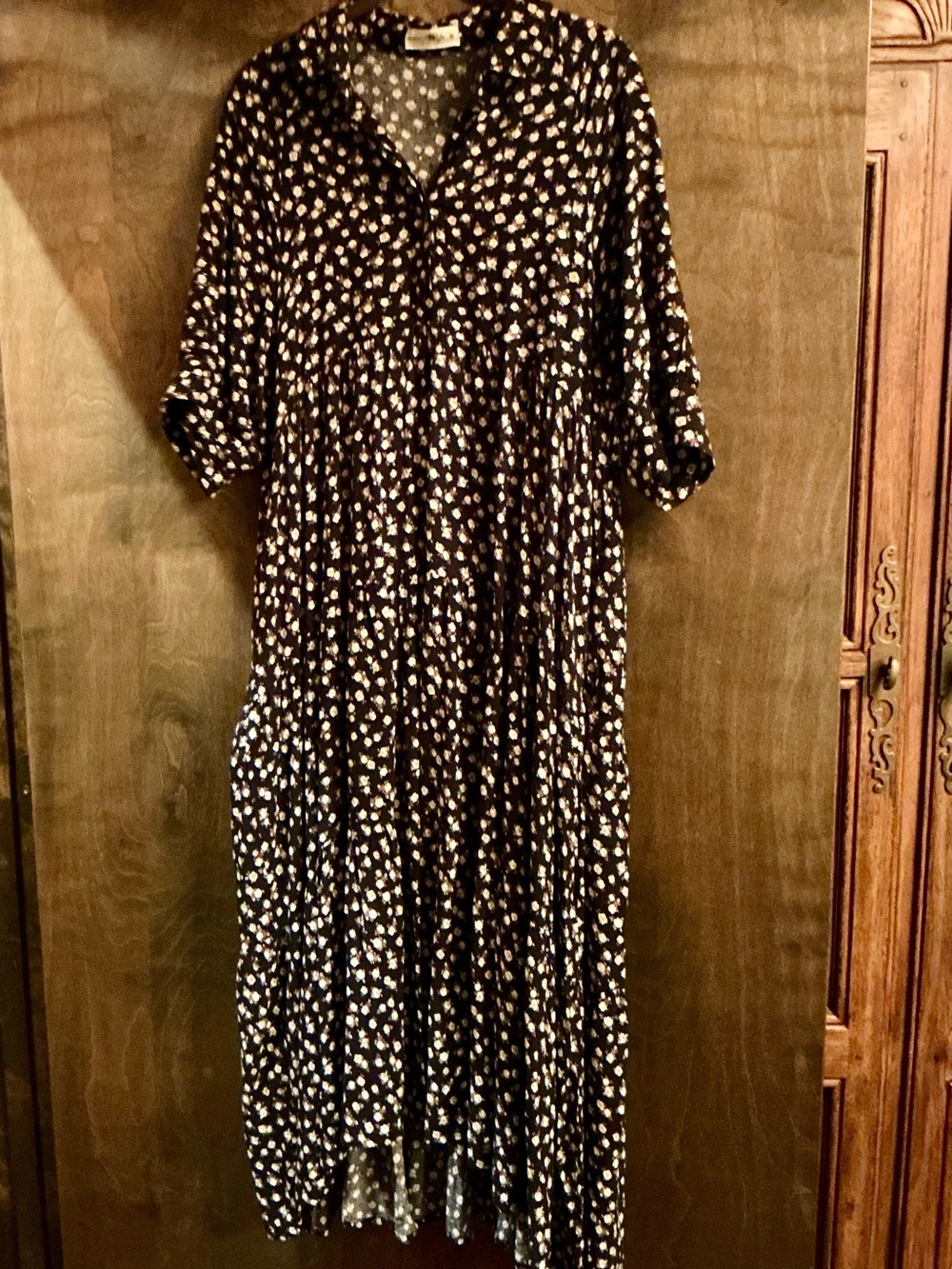 NATURAL LIFE Black Midi Dress with Cream Floral Print